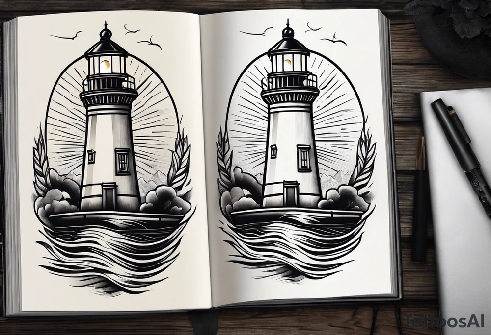 lighthouse shining light onto open book tattoo idea