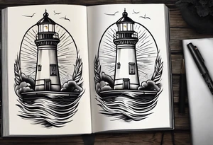 lighthouse shining light onto open book tattoo idea