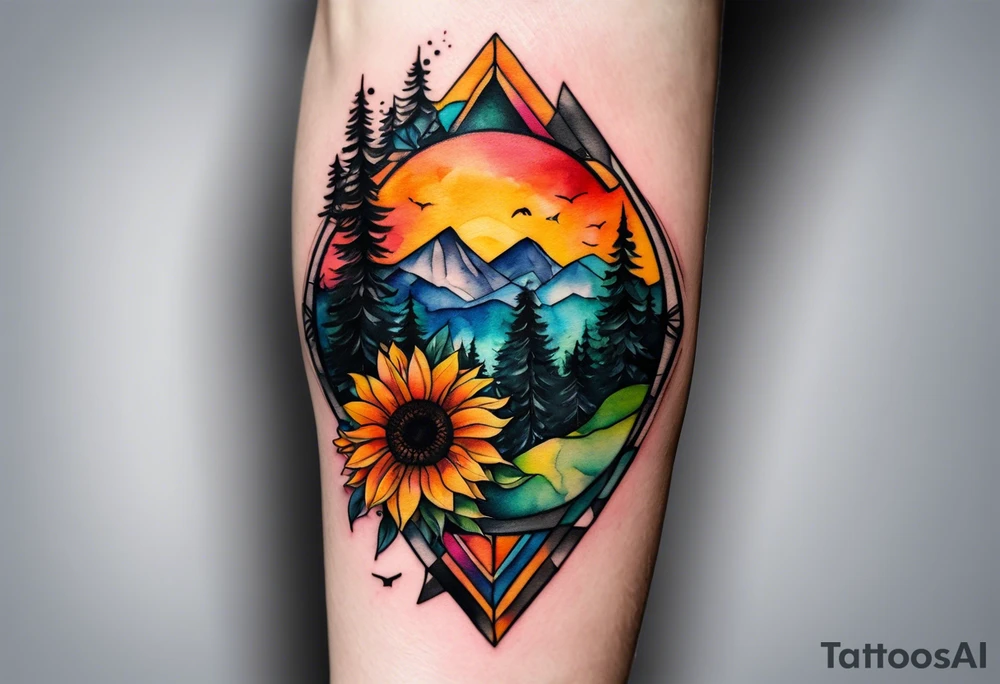 Small Watercolor inside arm tattoo, 4 inches. Black kite (Daya's name), nature (trees/flowers), rock/metal vibe (bold lines), sunflower. Bright colors! tattoo idea