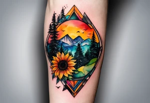 Small Watercolor inside arm tattoo, 4 inches. Black kite (Daya's name), nature (trees/flowers), rock/metal vibe (bold lines), sunflower. Bright colors! tattoo idea