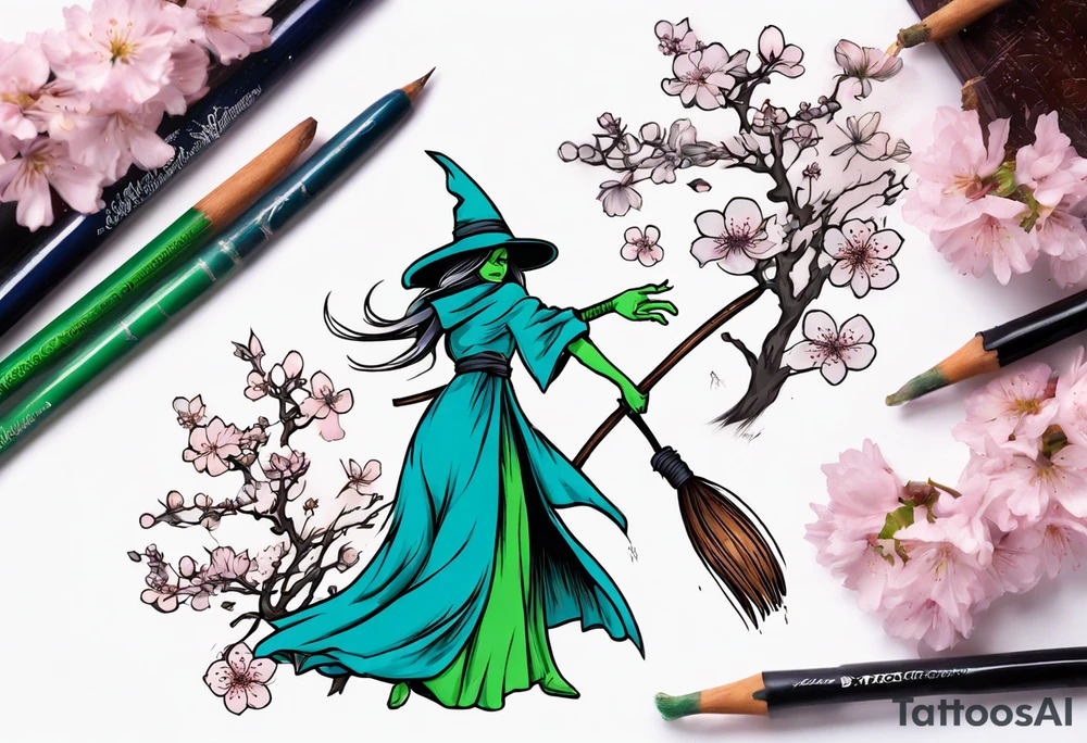 blue and green witch broom with cherry blossoms tattoo idea