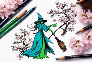 blue and green witch broom with cherry blossoms tattoo idea