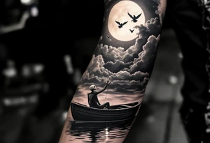 jack skellington in sun spotlight fishing in boat, on calm river, smoking cigar, big clouds, waving at angels in sky. tattoo idea