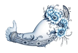 porcelain blue style with ornate and floral decor with a detailed banded border at the wrist and elbow. add animal decor also tattoo idea