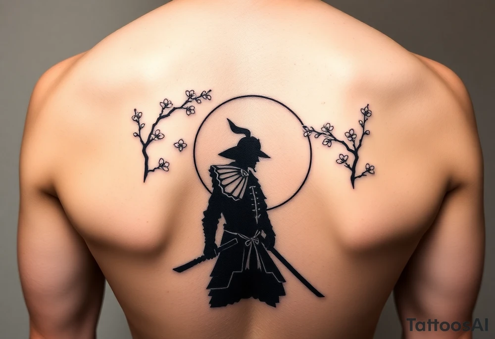 noble samurai warrior silhouette at sunset with cherry blossoms tattoo idea