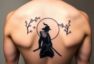 noble samurai warrior silhouette at sunset with cherry blossoms tattoo idea