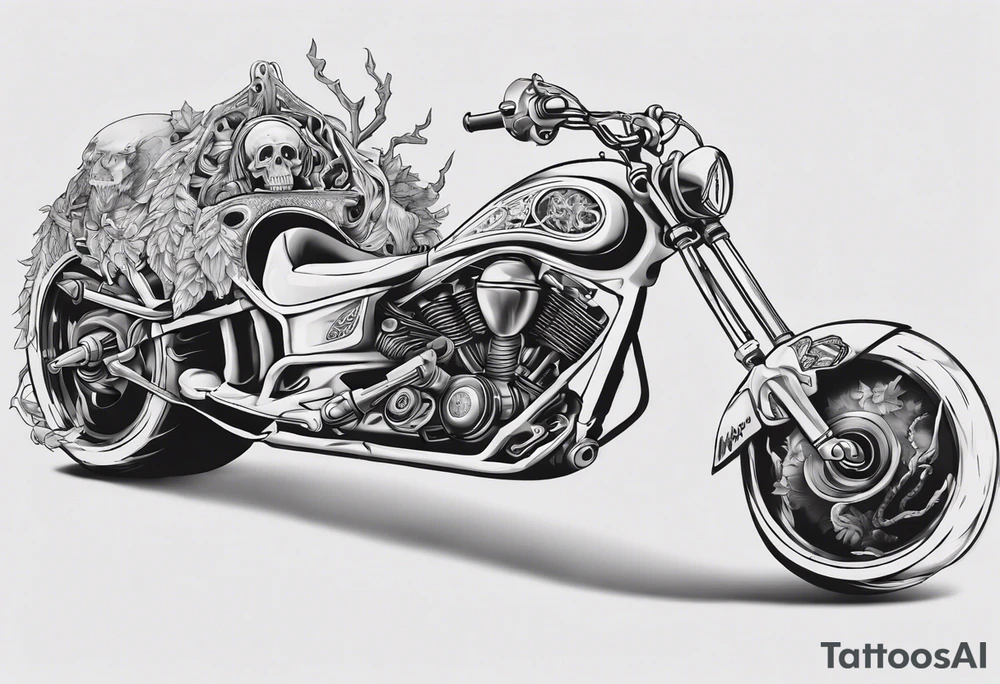 I want a tattoo of a motorcycle and a skeleton in the back with the name “Viking Customs” incorporated in the design tattoo idea