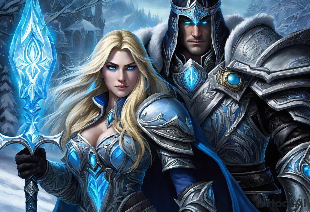 A highly detailed and emotionally charged scene depicting Arthas, the Lich King, and Jaina Proudmoore from World of Warcraft. Arthas stands as a dark, imposing figure in his Lich King armor, with glowing blue eyes and icy, deathly aura. Jaina, a powerful mage with long blonde hair, reaches out to him with a sorrowful expression, symbolizing their tragic past and lost love. The background is filled with cold, swirling mist, icy crystals, and ruins that evoke a sense of despair. The overall color palette features shades of blue, grey, and white, with soft lighting that highlights their faces and conveys the melancholic atmosphere. The style is realistic with a touch of fantasy magic, capturing the dramatic tension and deep emotional connection between these iconic characters. tattoo idea