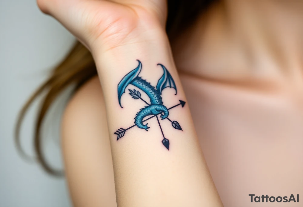 Blue fire breathing dragon with wings spread and an arrow through its chest tattoo idea