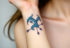 Blue fire breathing dragon with wings spread and an arrow through its chest tattoo idea