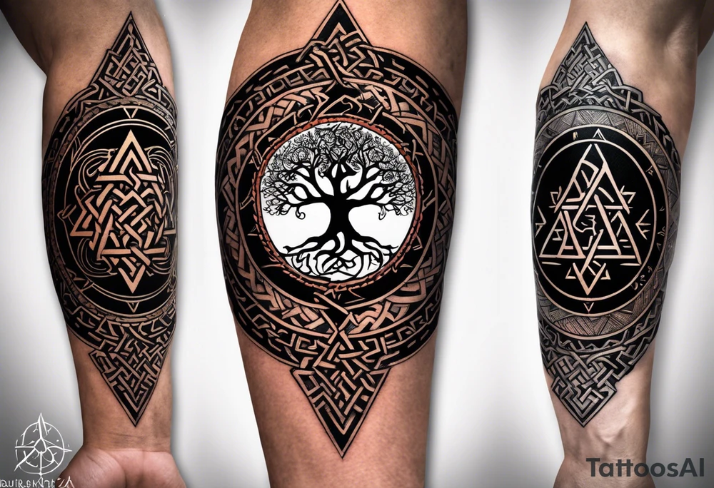Yggdrasil: In the center of the forearm, representing the connection between the nine worlds.
Vegvisir: Integrated alongside Yggdrasil, symbolizing direction and protection.
Valknut: Placed near Yggdrasil, symbolizing the connection with Odin.
A chain filled of the following runes surrounding the forearm and previous tatto:
Uruz (ᚢ) The Uruz
Raido (ᚱ) The Raido
Gebo (ᚷ) The World
Perthro (ᛈ)
Elhaz (ᛉ) The Great One
Laguz (ᛚ) The Laguz
Odin’s Ravens: Located near Yggdrasil, representing wisdom.
Nine Worlds: Subtly integrated into the design of Yggdrasil. tattoo idea