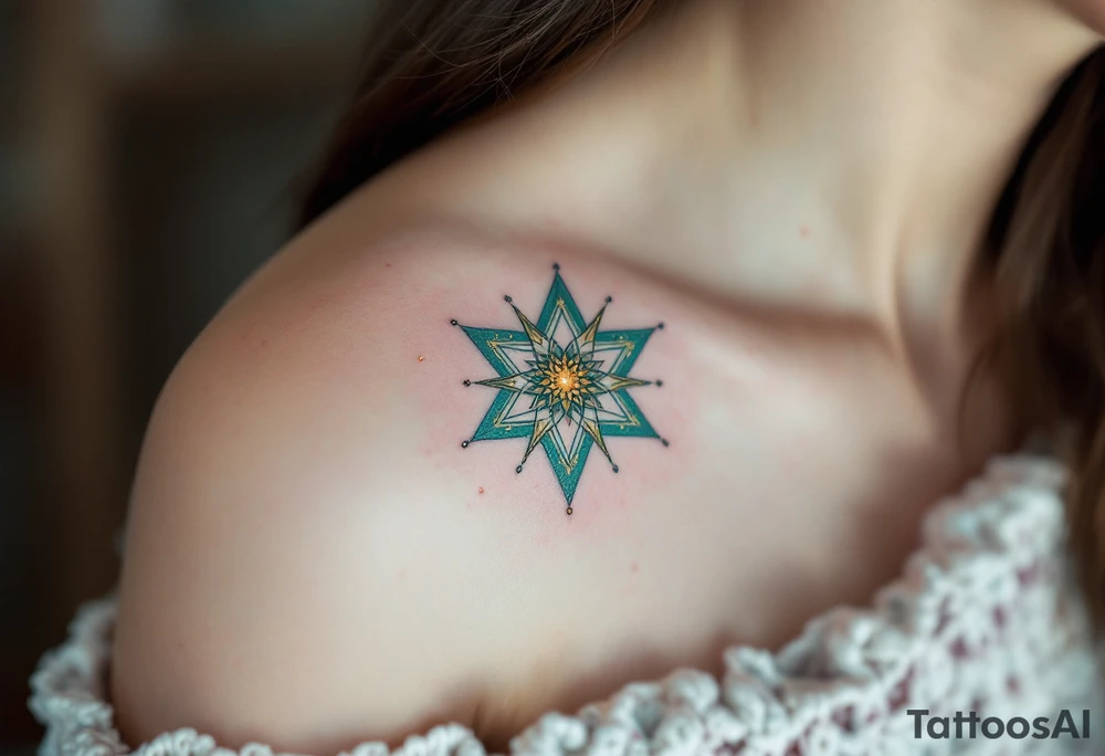 This Capricorn star tattoo blends golden dots and teal lines for a cosmic, earth-meets-sky vibe. tattoo idea
