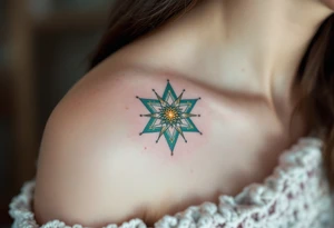 This Capricorn star tattoo blends golden dots and teal lines for a cosmic, earth-meets-sky vibe. tattoo idea