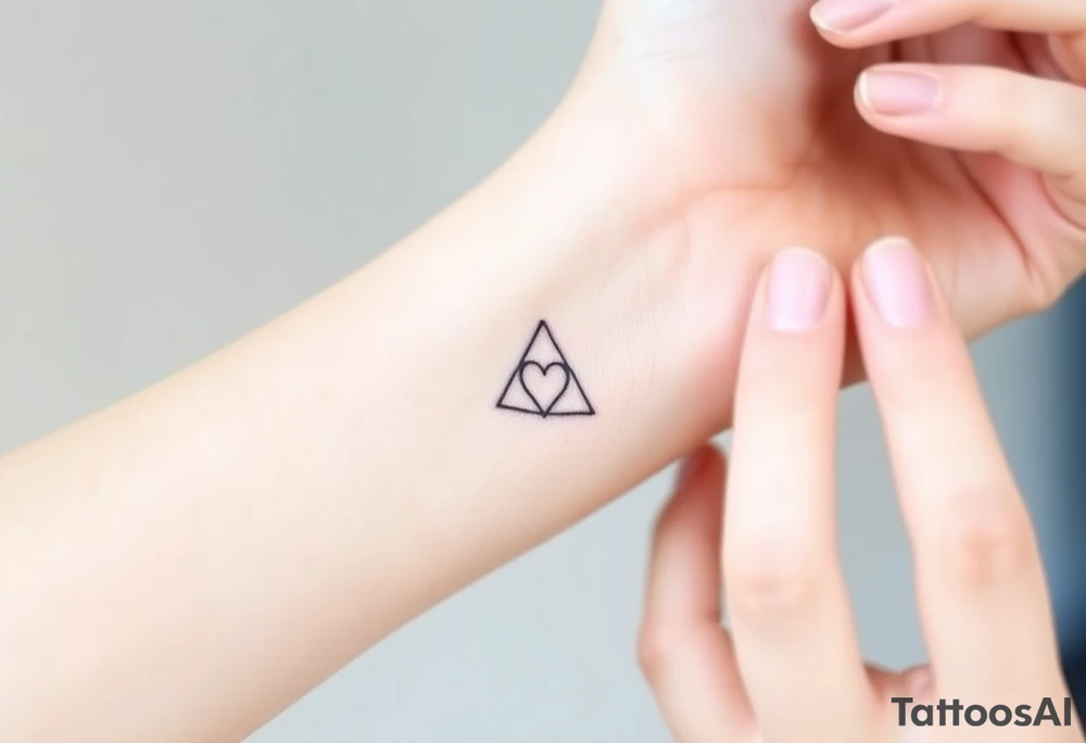 Design a very small (max 2x2 cm) tattoo for the inner wrist that subtly symbolizes lesbian identity. It should be minimal and delicate — possibly fine line or soft color. The design must be discreet yet meaningful, not instantly recognizable as LGBTQ but with layered symbolism. Think of subtle elements like intertwined female symbols, abstract sapphic references, or a hidden double meaning through nature (e.g. flowers, moons, triangles). Avoid clichés or bold pride imagery. Keep it elegant, wearable, and intimate. Something with a triangle tattoo idea