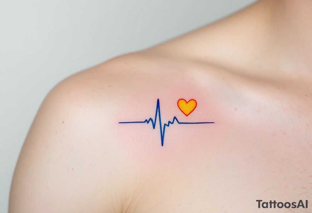 A blue EKG tattoo around the arm with a bright yellow heart, capturing the pulse of love and happiness. tattoo idea