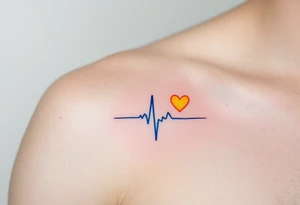 A blue EKG tattoo around the arm with a bright yellow heart, capturing the pulse of love and happiness. tattoo idea