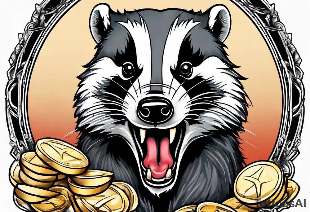 Angry badger with mouth open holding chips tattoo idea
