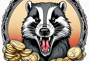 Angry badger with mouth open holding chips tattoo idea