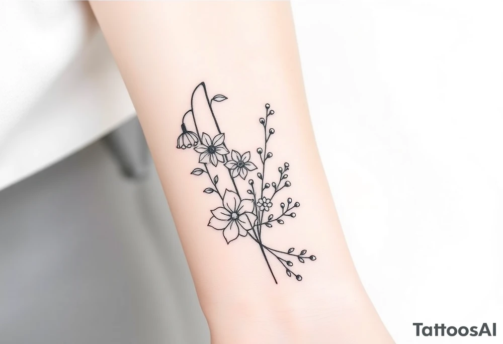 Bouquet of birth months flowers Lilly of the valley, daffodil, larkspur and Ilex aquifolium with berries tattoo idea