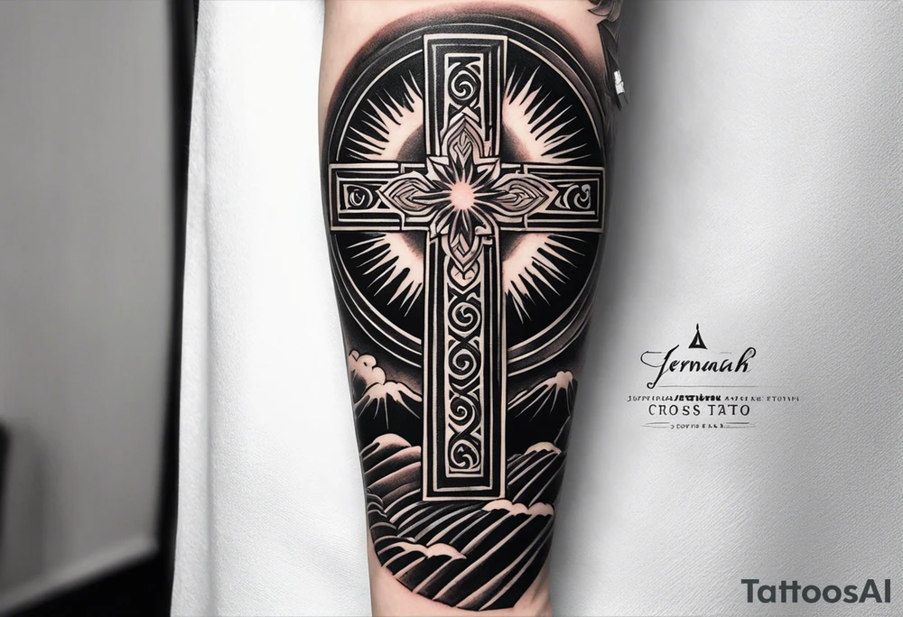 Forearm tattoo cross with rays of sun, 08/21/2024 in with Jeremiah 29:11 tattoo idea