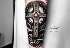 Forearm tattoo cross with rays of sun, 08/21/2024 in with Jeremiah 29:11 tattoo idea