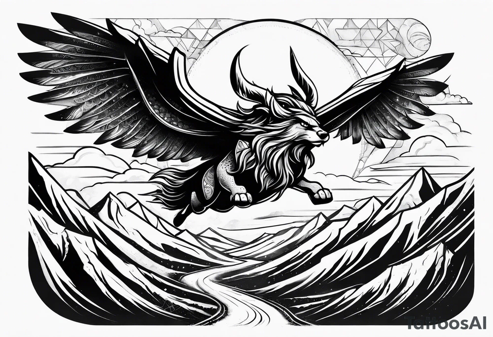 Space Viking flying over mountains tattoo idea