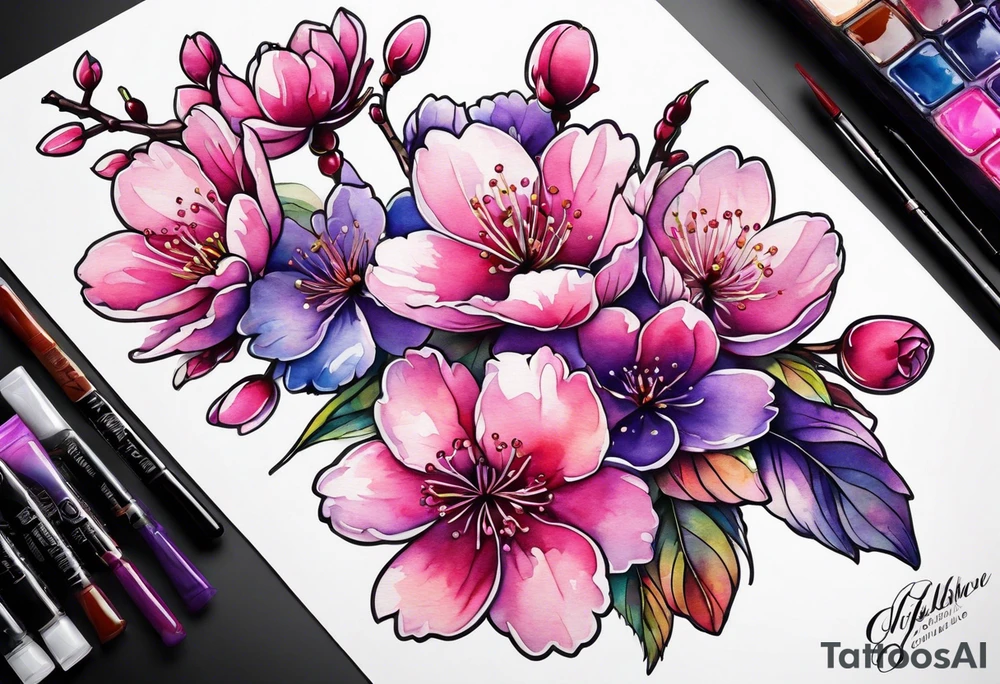 bouquets of cherry blossoms pink and purple tattoo idea