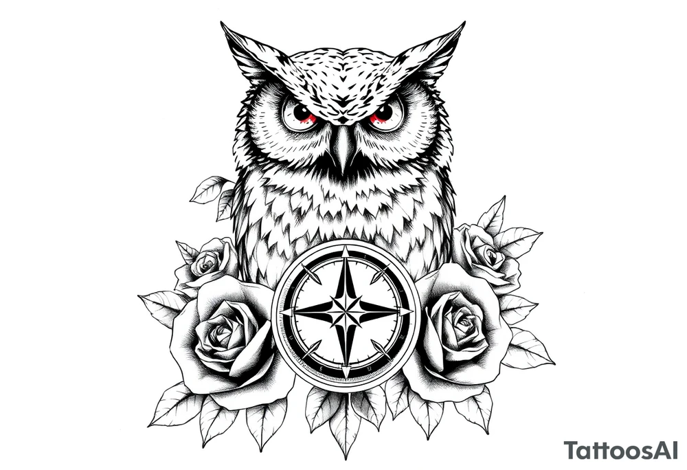 an owl,compass,roses, tattoo idea