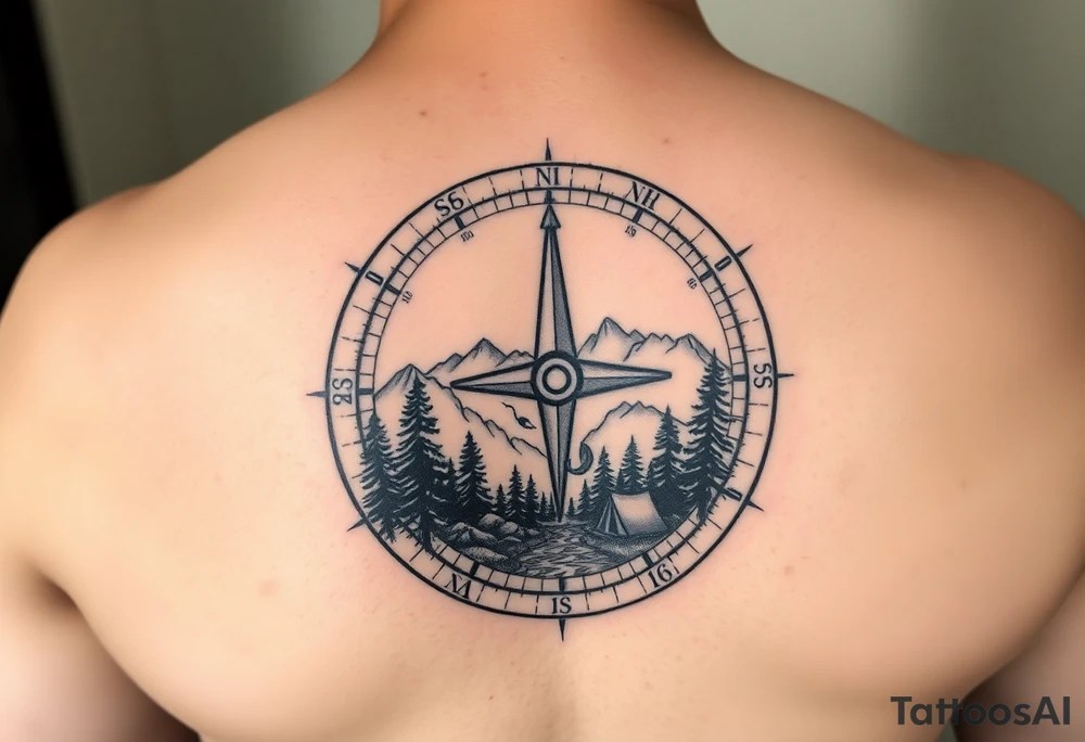 Open compass, bottom half with mountains, trees, stream, and tent. The S of the compass should be a fishing lure tattoo idea