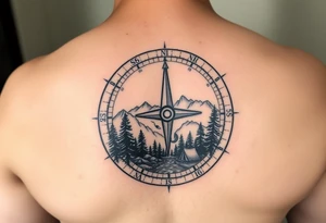 Open compass, bottom half with mountains, trees, stream, and tent. The S of the compass should be a fishing lure tattoo idea