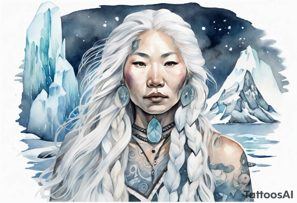 a watercolor of an Inuit woman with long white hair with a white wand in her left hand, surrounded by ice tattoo idea
