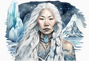 a watercolor of an Inuit woman with long white hair with a white wand in her left hand, surrounded by ice tattoo idea