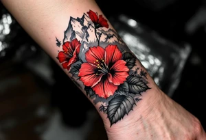 wrap around entire wrist red  and black rhododendron trippy with Himalayas behind tattoo idea