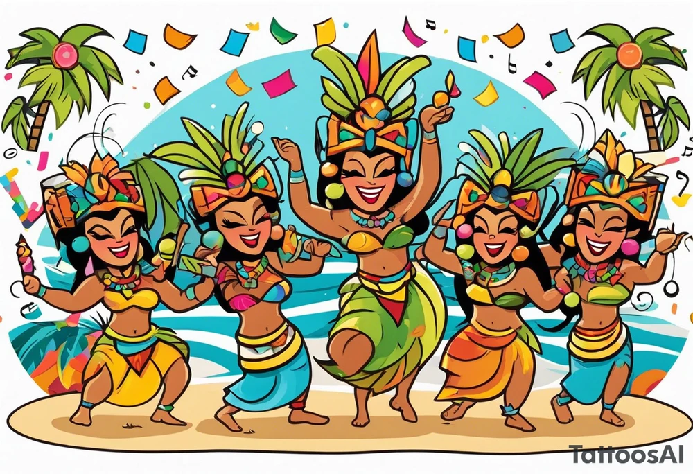 hulu tiki party with dancing tiki guys and sexy tiki girls on a beach with music notes and confetti around a blank space in the middle tattoo idea
