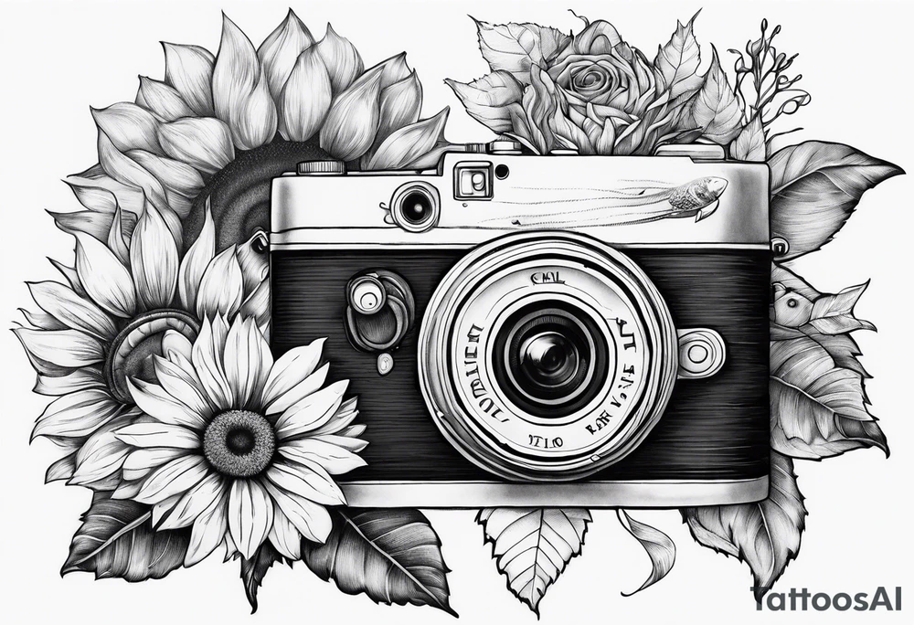 sunflower, camera, fish, flower rose tattoo idea