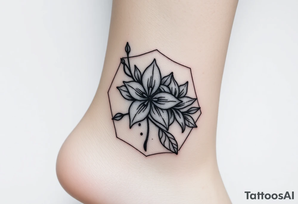 Hexagon Leo larkspur and water lilies tattoo idea