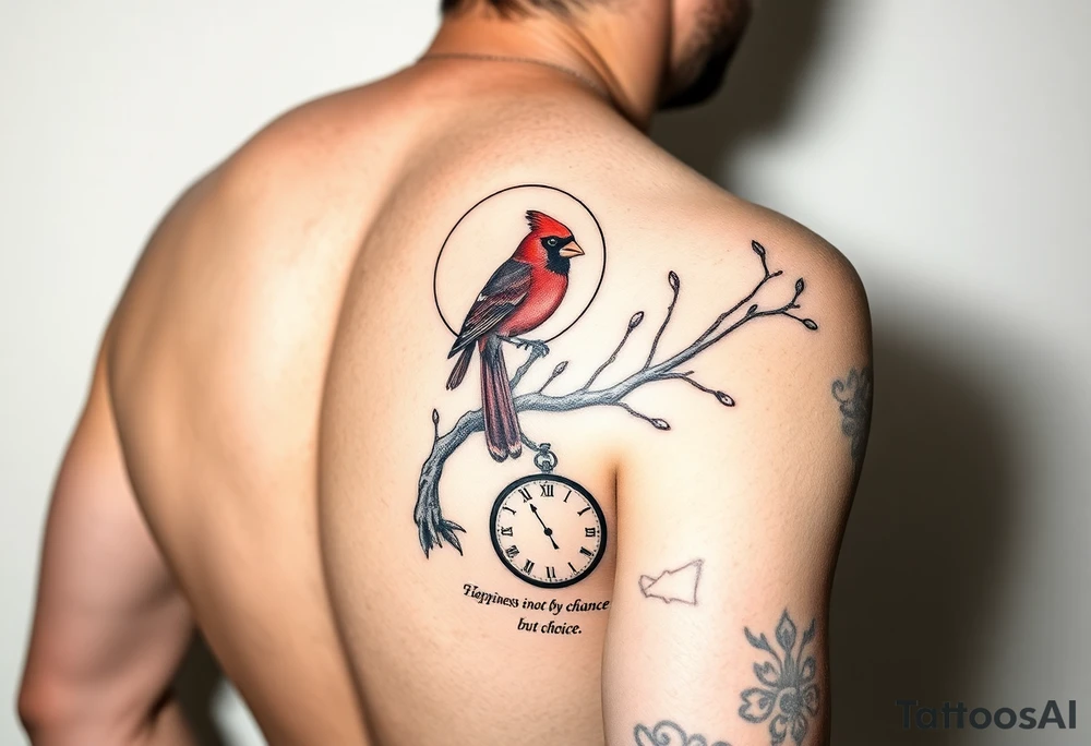 Create an image for a half sleeve tattoo on the right arm of a man.  The tattoo should incorporate a red cardinal bird on a tree branch with a sun and a clock.  It should also incorporate a quote of "Happiness is not by chance but by choice". tattoo idea