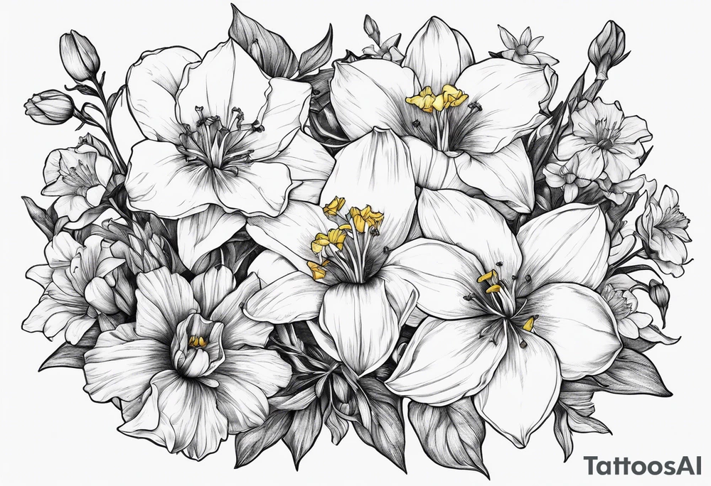 Dainty tiny fine line 
Bouquet Held together with a bow:
DAFFODIL
JONQUIL
ASTER
MORNING GLORY tattoo idea