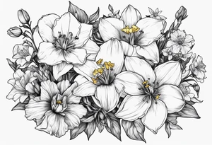 Dainty tiny fine line 
Bouquet Held together with a bow:
DAFFODIL
JONQUIL
ASTER
MORNING GLORY tattoo idea