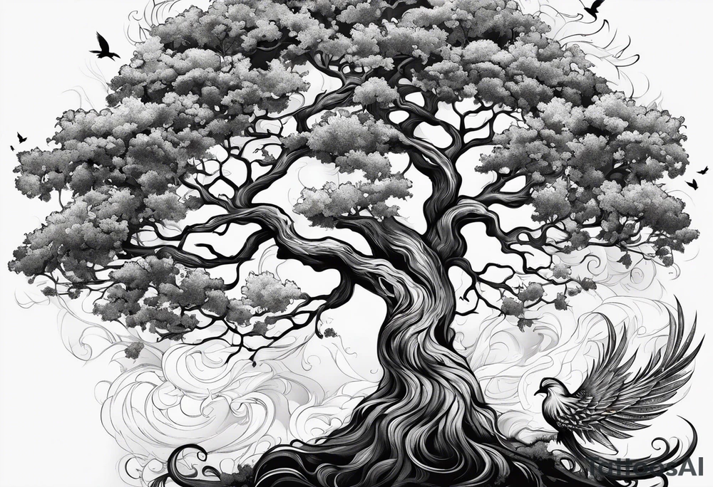 oak tree with phoenix tattoo idea