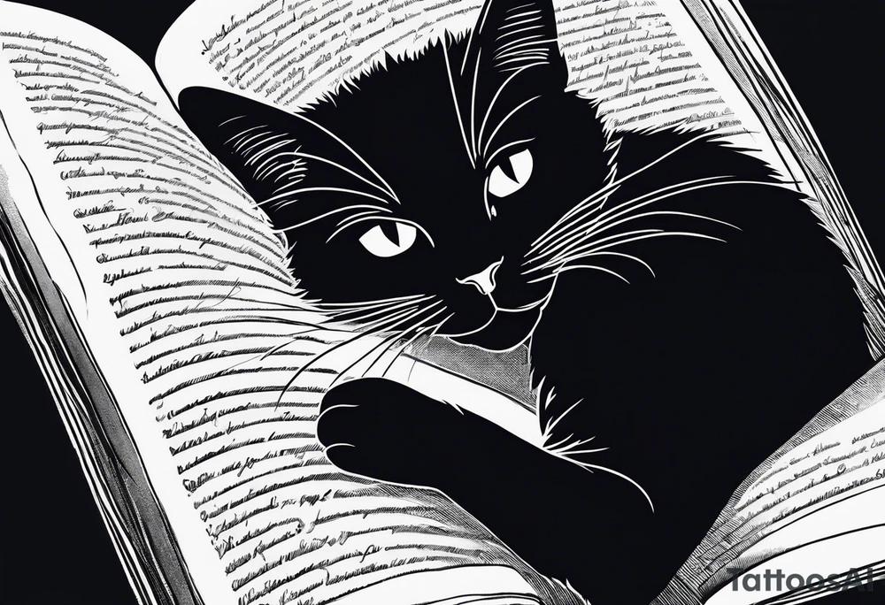 black sillhouette cat sleeping with a book sleeve tattoo tattoo idea