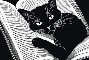 black sillhouette cat sleeping with a book sleeve tattoo tattoo idea