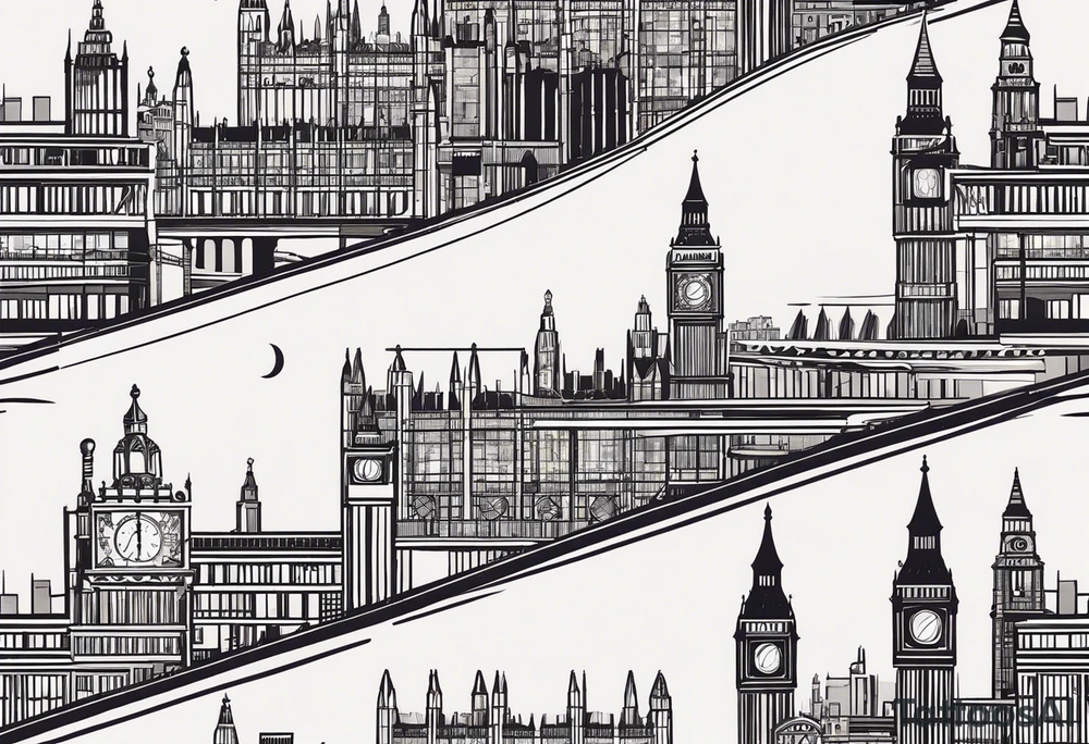 A minimalistic, abstract design capturing the architectural essence and vibe of London. Key elements of London’s skyline and structure are hinted at with clean lines, and subtle detailing includes personal touches, like a nod to Feid’s signature look (hat, glasses, mustache), integrated discreetly to honor a memorable concert experience. tattoo idea