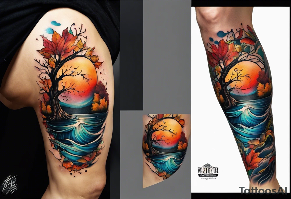 knee tattoo in fall colors with bluw water flow tattoo idea