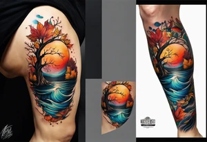knee tattoo in fall colors with bluw water flow tattoo idea