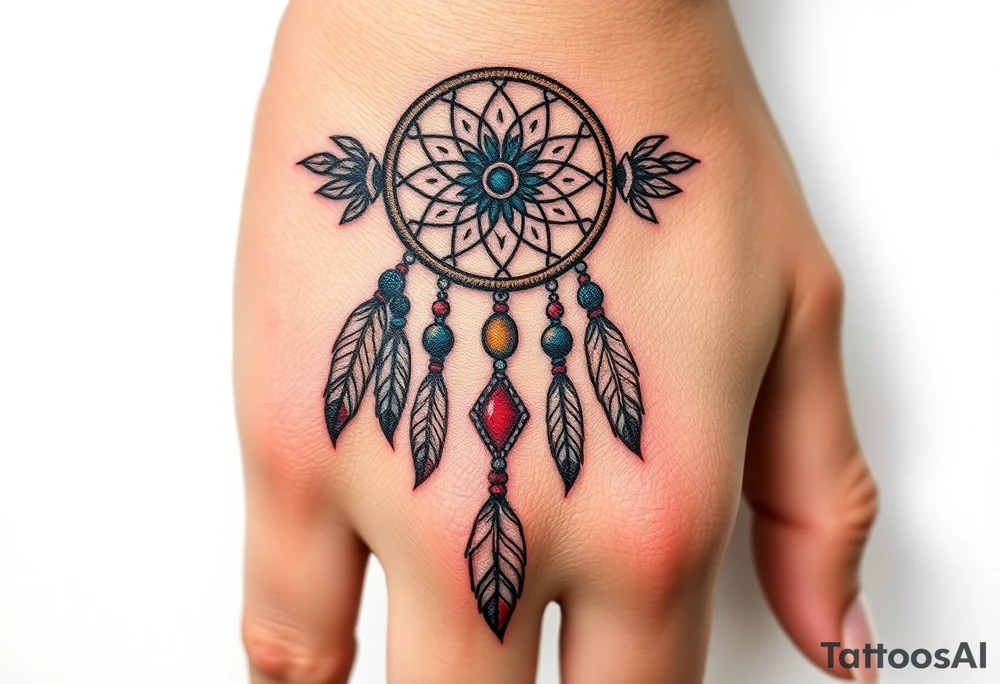 native dreamcatcher with flowing feathers and sacred beads tattoo idea