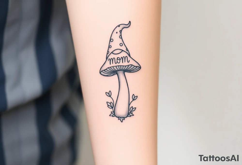 Mushroom with word mom on it with gnome on top tattoo idea
