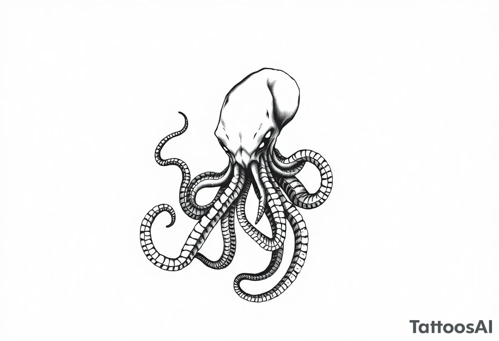 A minimalist blackwork tattoo design of an evil kraken The kraken is viewed from a 45-degree angle facing left, with its head centered. tattoo idea