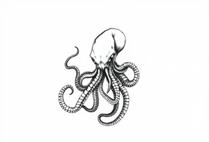 A minimalist blackwork tattoo design of an evil kraken The kraken is viewed from a 45-degree angle facing left, with its head centered. tattoo idea