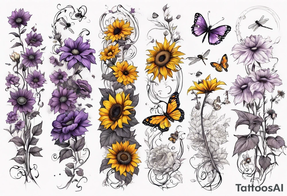 Arm sleeve, sunflowers, dragonflies, three cosmos flower, one violet, one carnation, vines , leaves, butterflies and bees tattoo idea